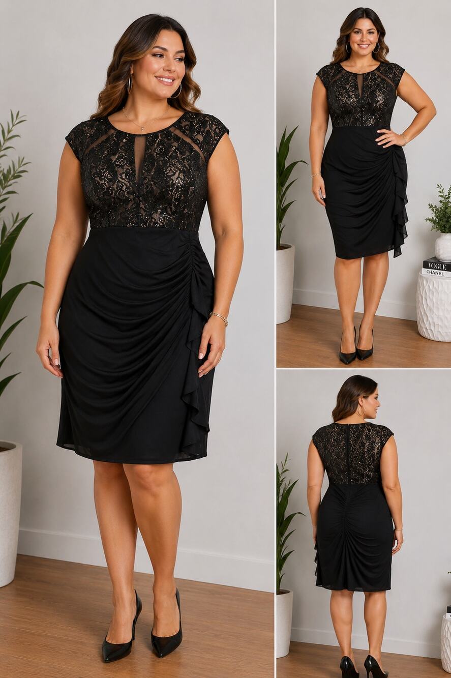 B&A by Betsy & Adam Black Sequin Lace Cocktail Dress Ruched Sheath Size 16 NWT